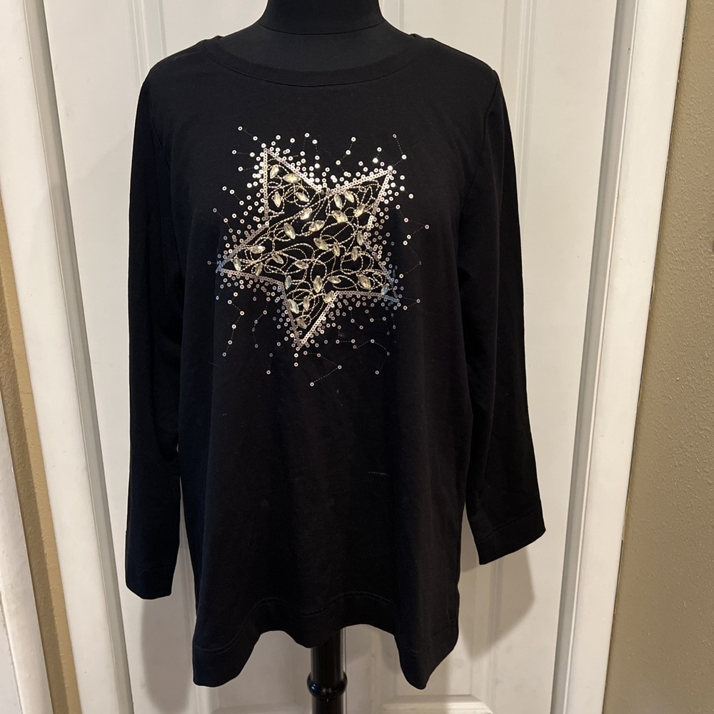 CJ Banks Cotton Blend 1X Plus Long Sleeve Black Pullover ‎ Star Sequins Gems